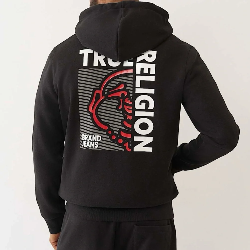 NWT True Religion Full Zip Buddha Hoodie Size M Logo Jet Black MSRP $119